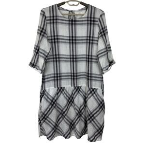 Grizas Washed 100% Linen White Gray Plaid Tunic Dress Large Pockets